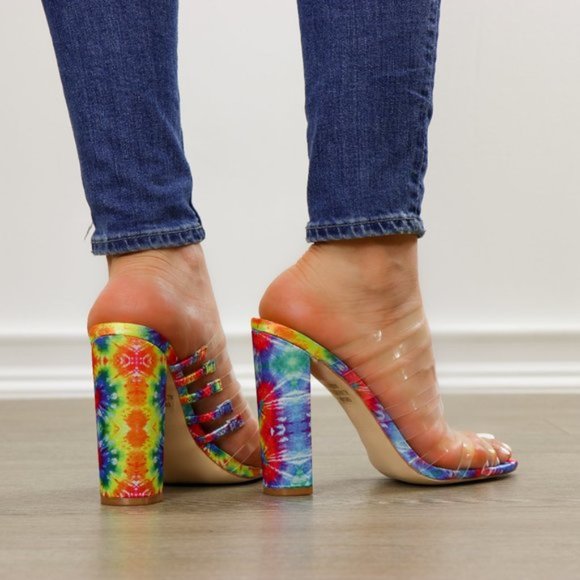Tie Dye Clear Strappy Chunky Heel Open Toe Sandals - Picture 5 of 8